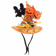 Orange sequin Halloween pet hat with pumpkin faces, ghosts, bows, and adjustable chin straps for cats and small dogs.